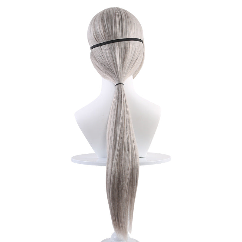 Chain Saw Hair Sier Gray Long Straight Ponytail Face Without Cos Wig