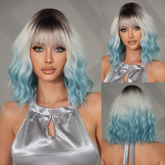 Gradient Blue Female Straight Bangs Water Ripple Head Chemical Wig Short Curly Hair