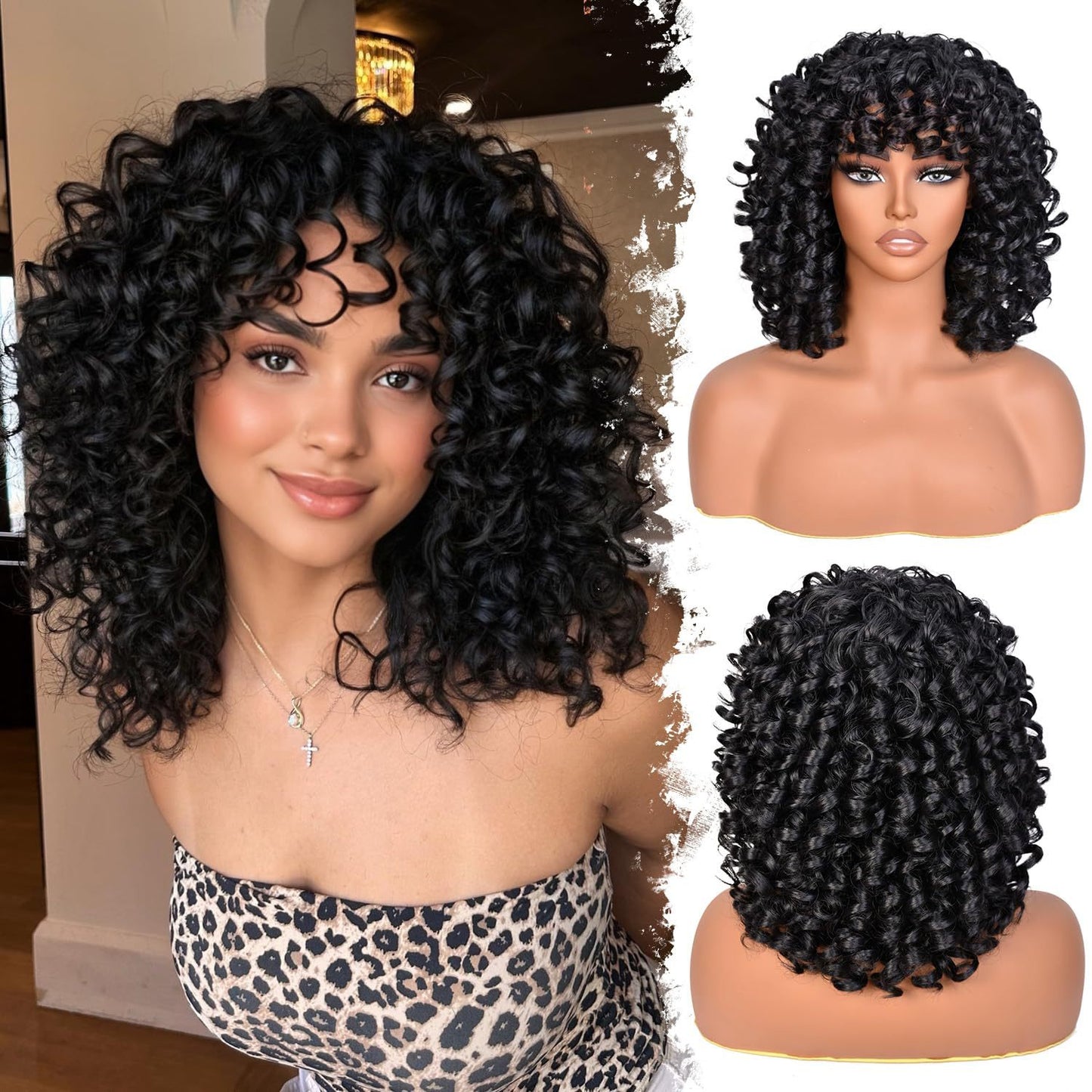 Women's African Small Curly Black Short Hair Fiber Wig Long Curls