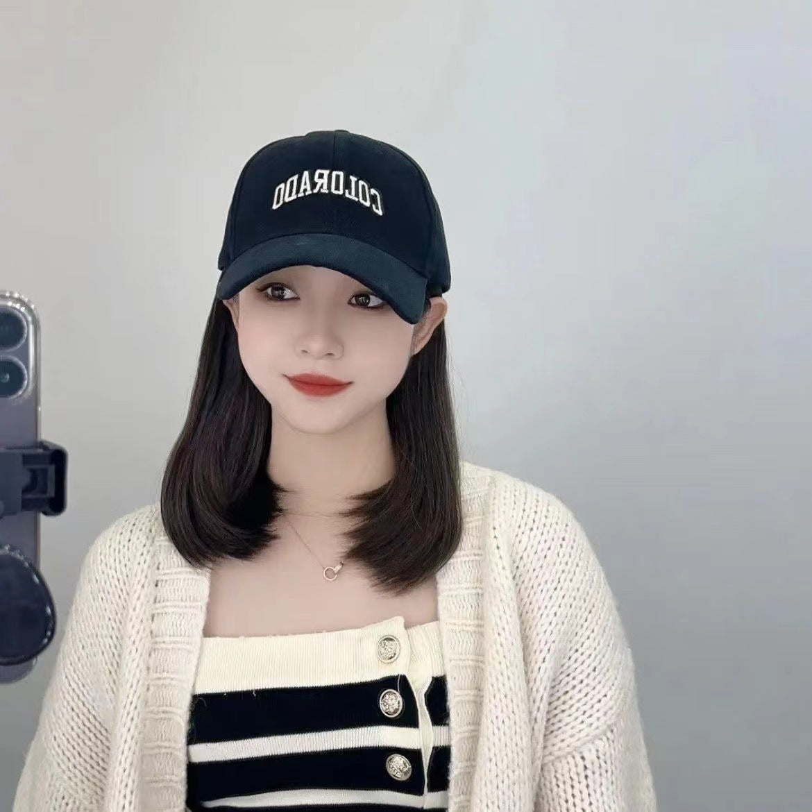 Trendy Korean Style Peaked Baseball Cap Mid-length Wig Short Straight Hair