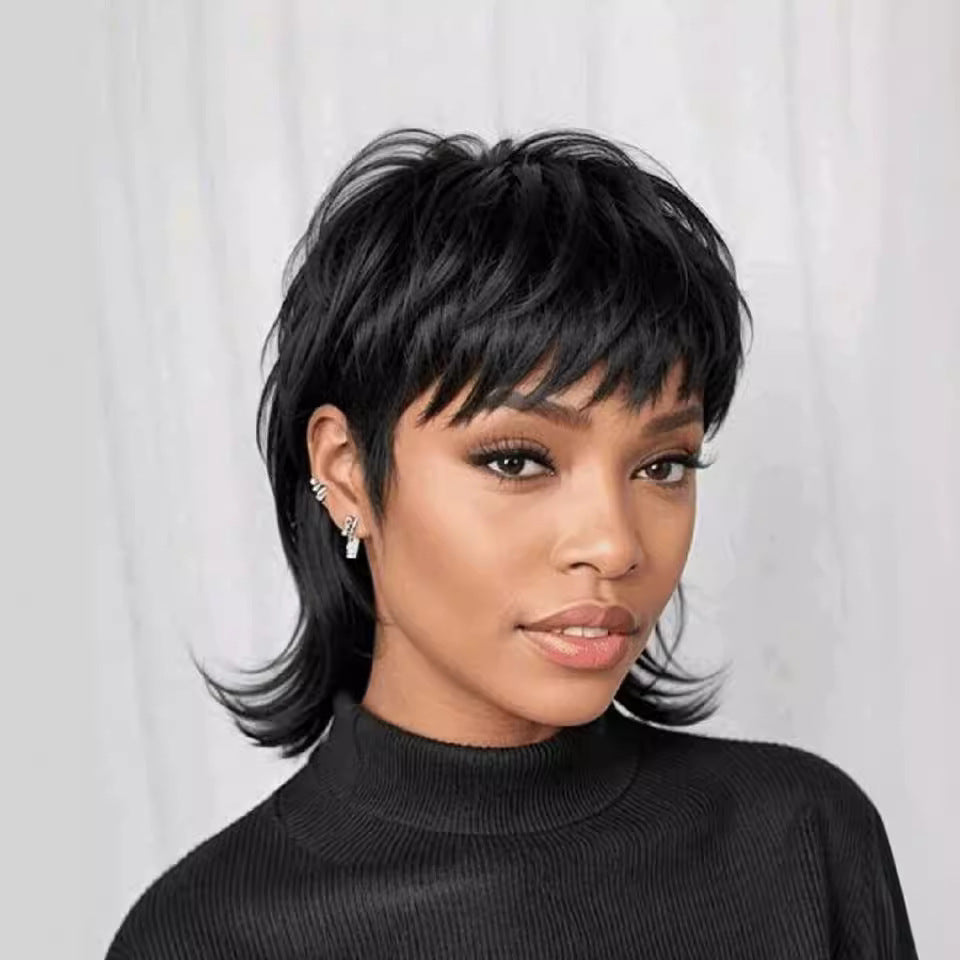Head Cover Black Anchovy Shawl Broken Wig Short Straight Hair