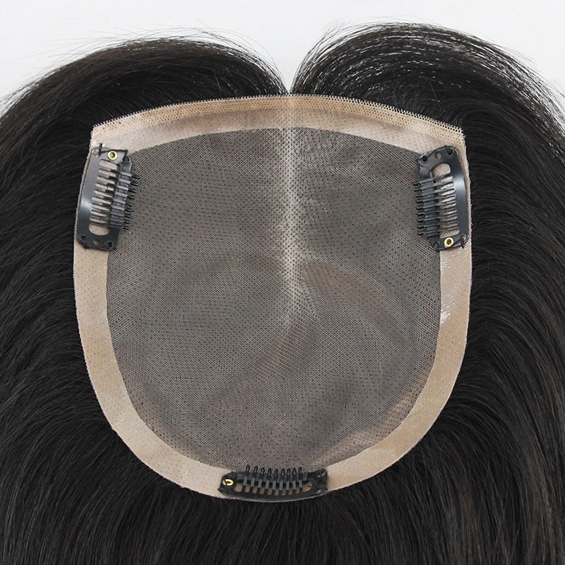 Women's Real Hair Set Head Replacement Cover Gray Fluffy Wig