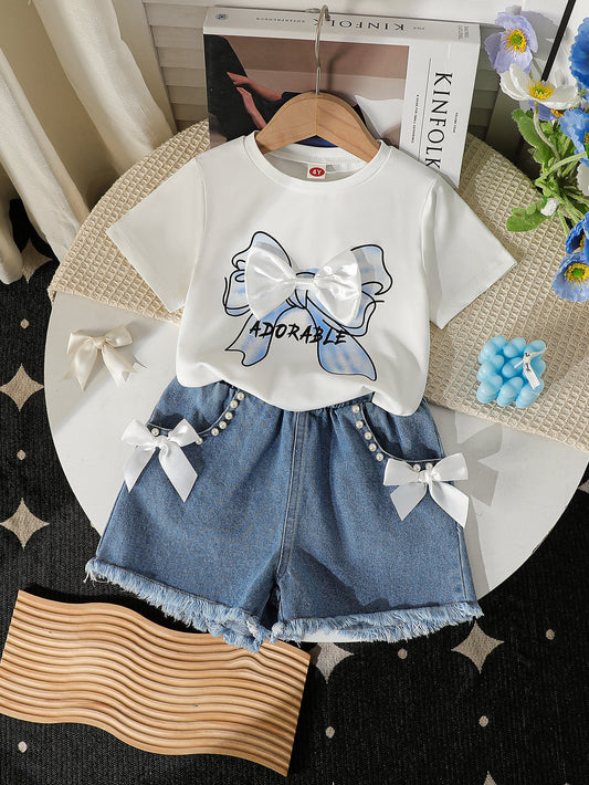 Round Neck Printed Knitted Top Denim Beaded Embroidered Jeans Children's Suit