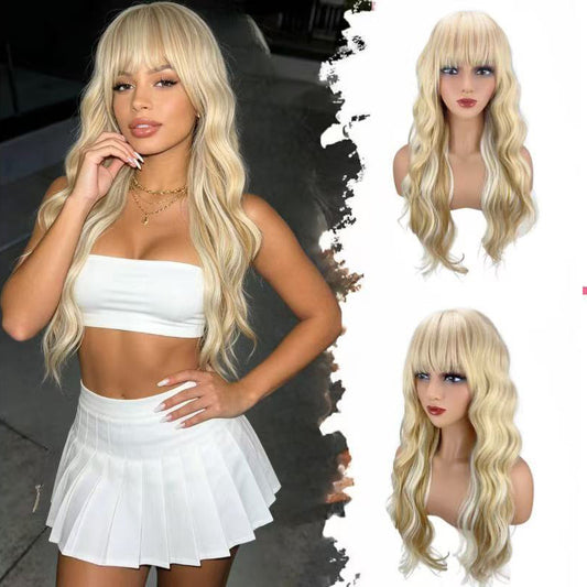 Curly Hair White Gold Color Straight Bangs Big Wave Fluffy Wig Long Curls