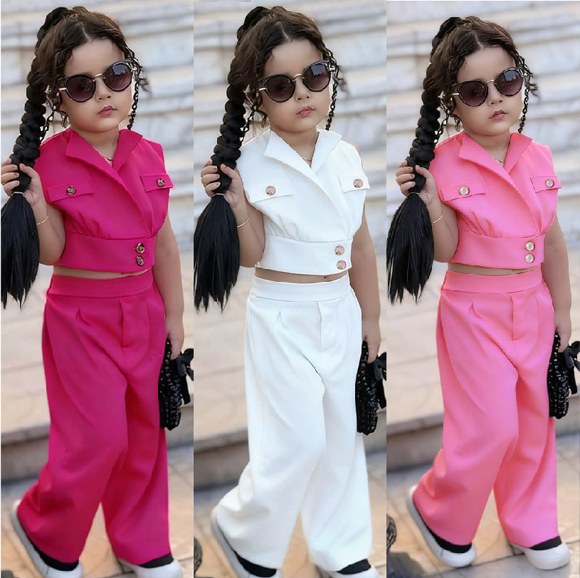 Solid Color Midriff Outfit Lapel Vest Children's Suit