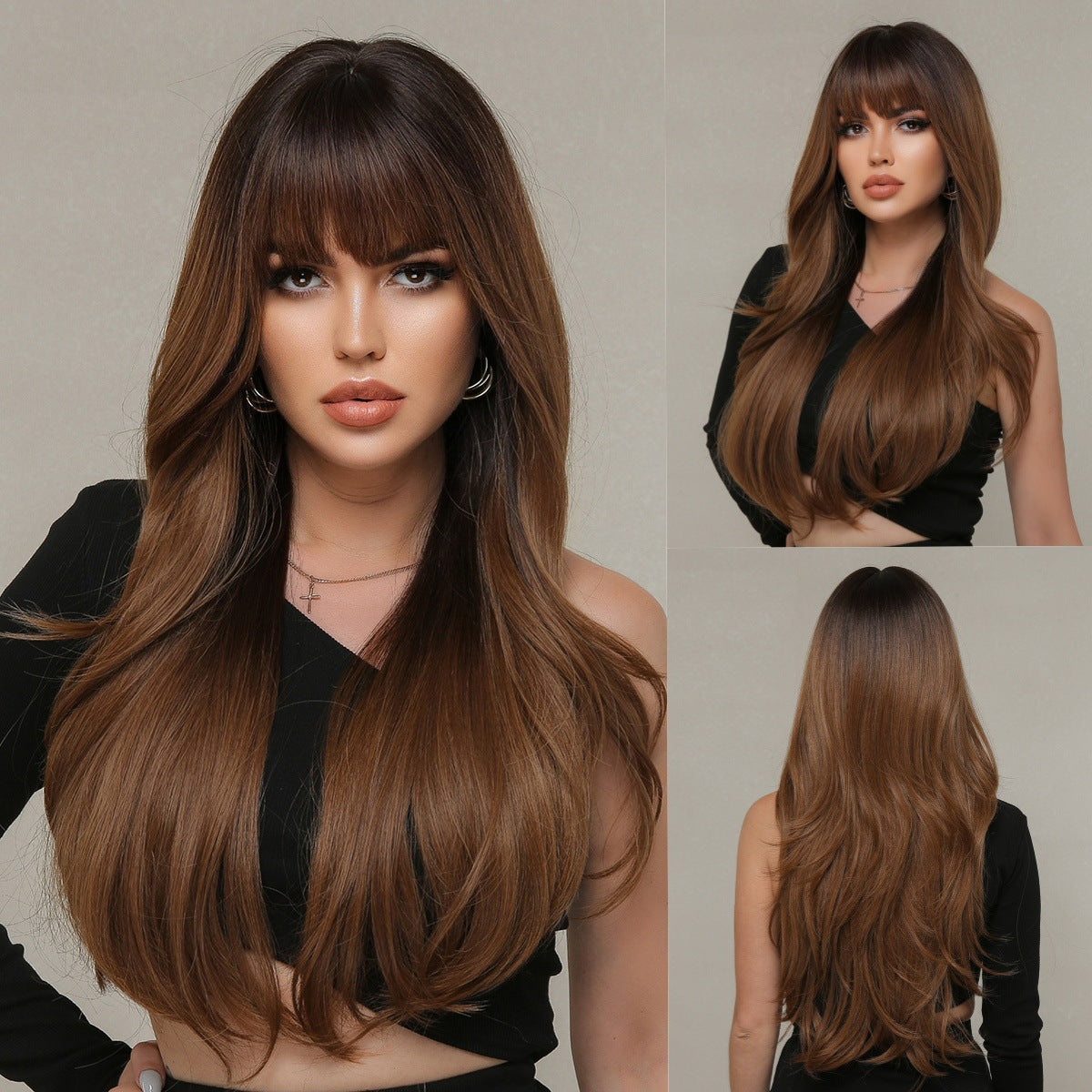 Women's Fashionable Vigorous Bangs Gradient Golden Water Ripple Curly Wig Long Curls