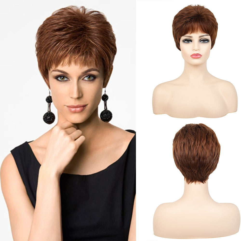 Women's Fashion Red Brown Texture Head Cover Wig Short Straight Hair