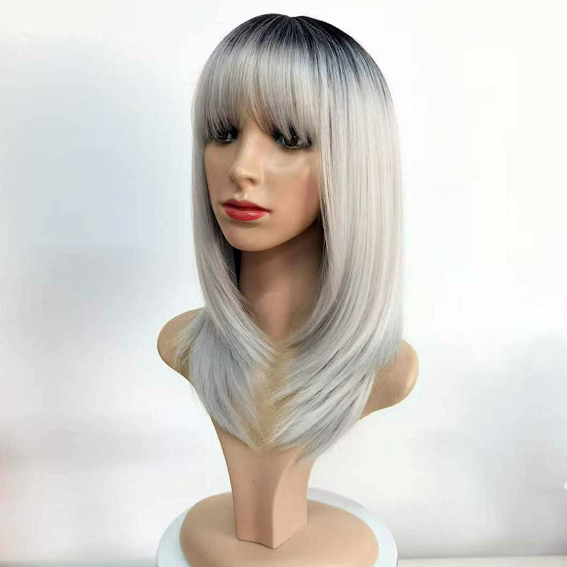 Women's Gradient Gray Mid-length Bangs Fiber High-level Collarbone Length Wig Short Straight Hair