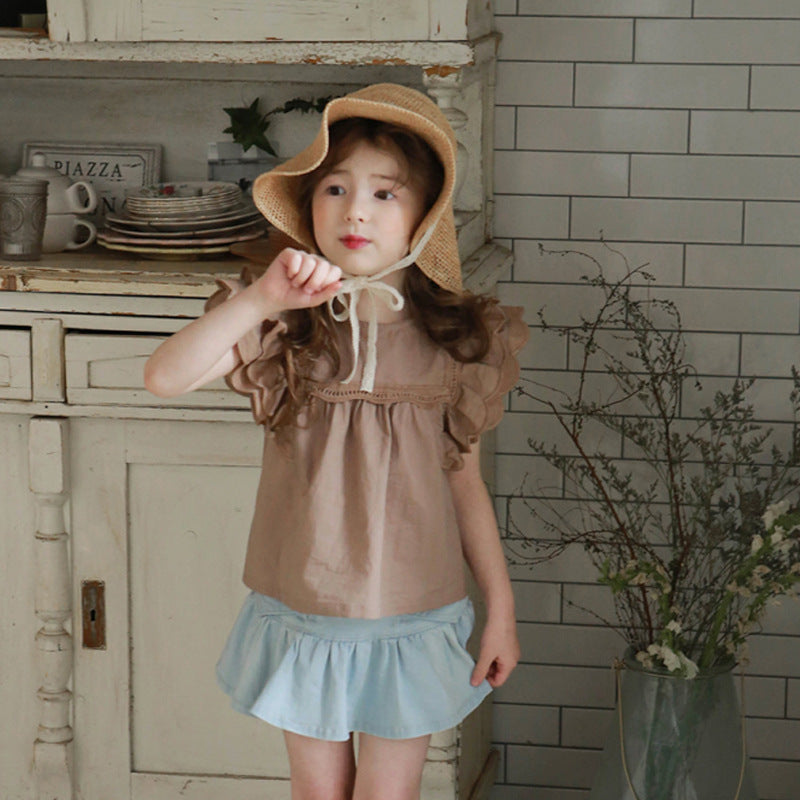 Children's Summer Strawberry Shan Clothing Solid Color Lady Fei Edge Children's T-shirt