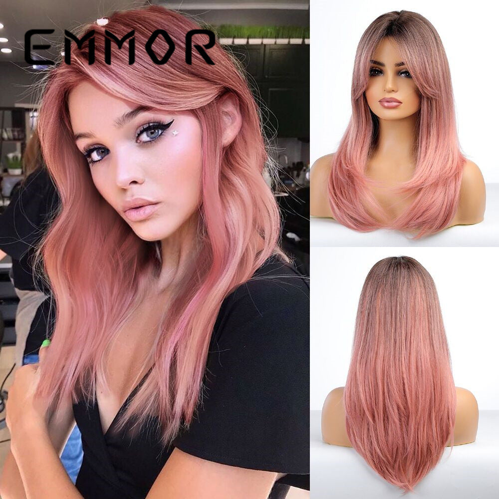 Style Bangs Gradient Pink Mid-length Hair Head Long Straight Wig