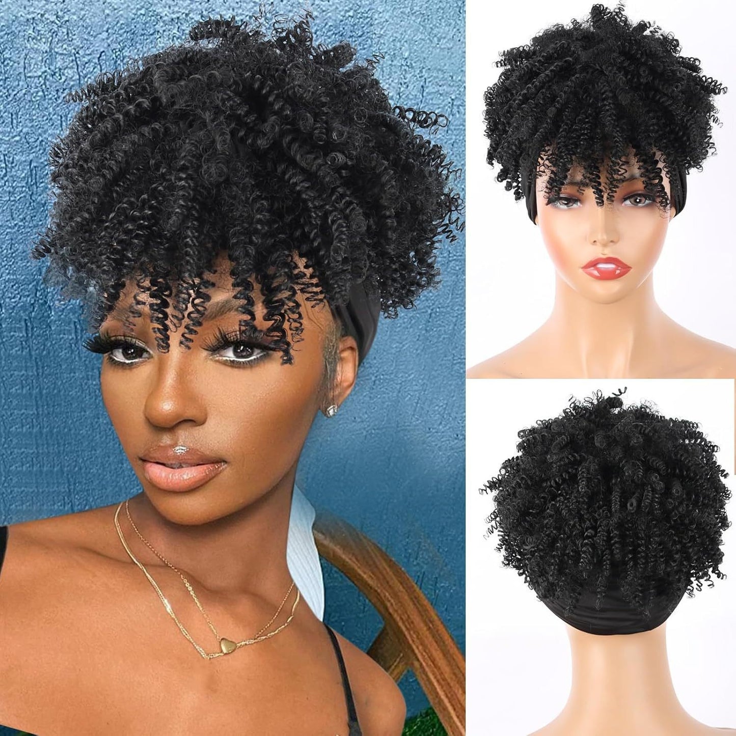 Women's African Small Bangs Integrated Headband Chemical Wig Short Curly Hair