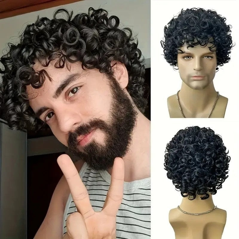 Men's Curly Hair Curls Mixed Brown Fluffy Natural Men's Wig