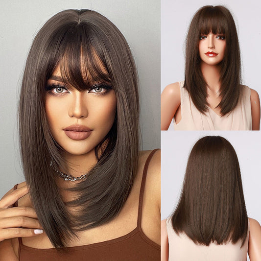 Black Brown Shoulder Hair Curling Modified Face Long Straight Wig