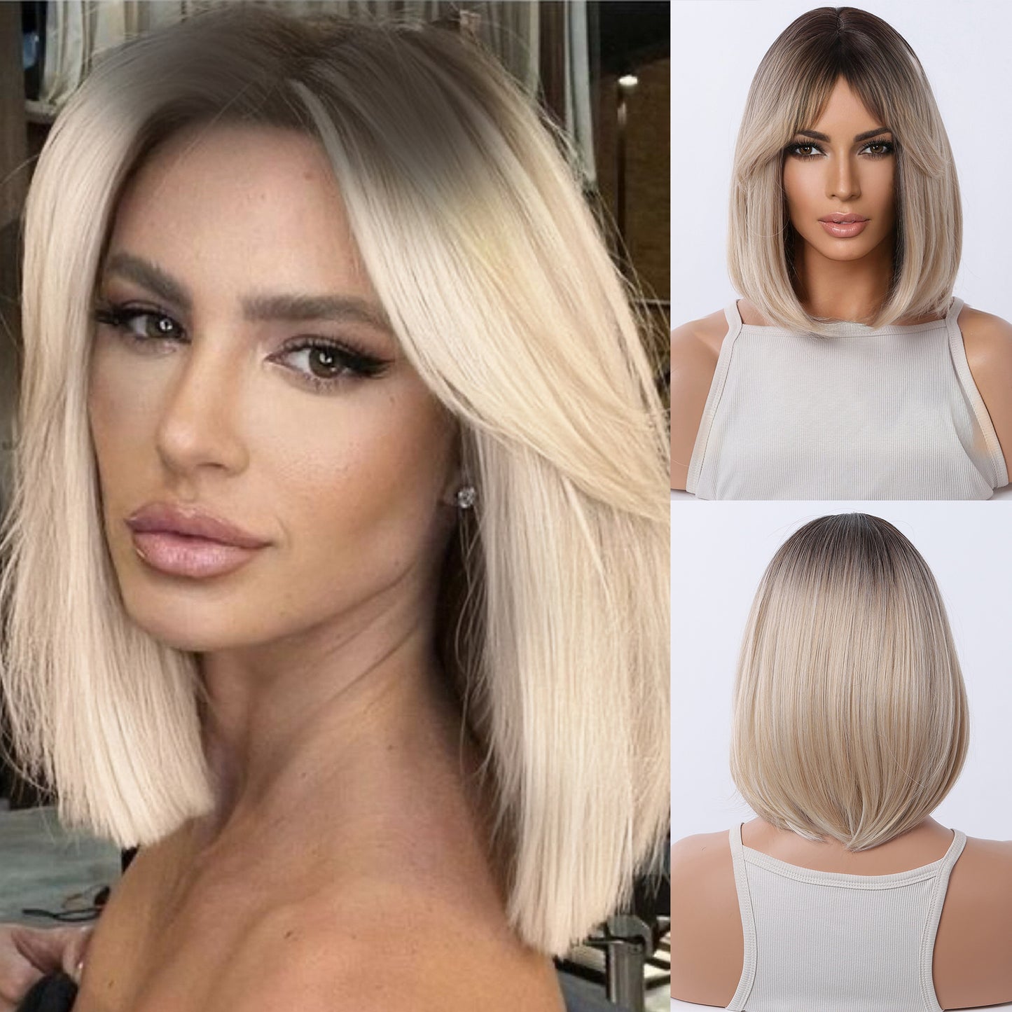 Elegant Female Gradient Gray Brown Shoulder Wig Short Curly Hair