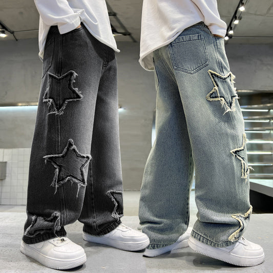 American Embroidered Patch Design Straight Loose Children's Pants