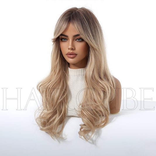 Curly Hair Gradient Bangs Golden Chemical Fiber Female Wig Long Curls