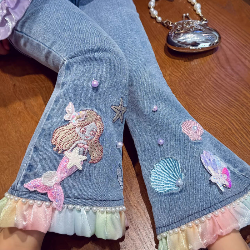 Children's Jeans Fashionable Bell-bottom Cartoon Mermaid Trousers Children's Pants