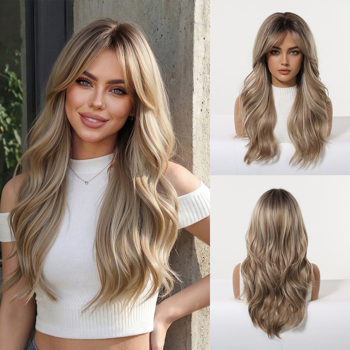 Women's Brown Bangs Curly Daily High Quality Chemical Wig Long Curls