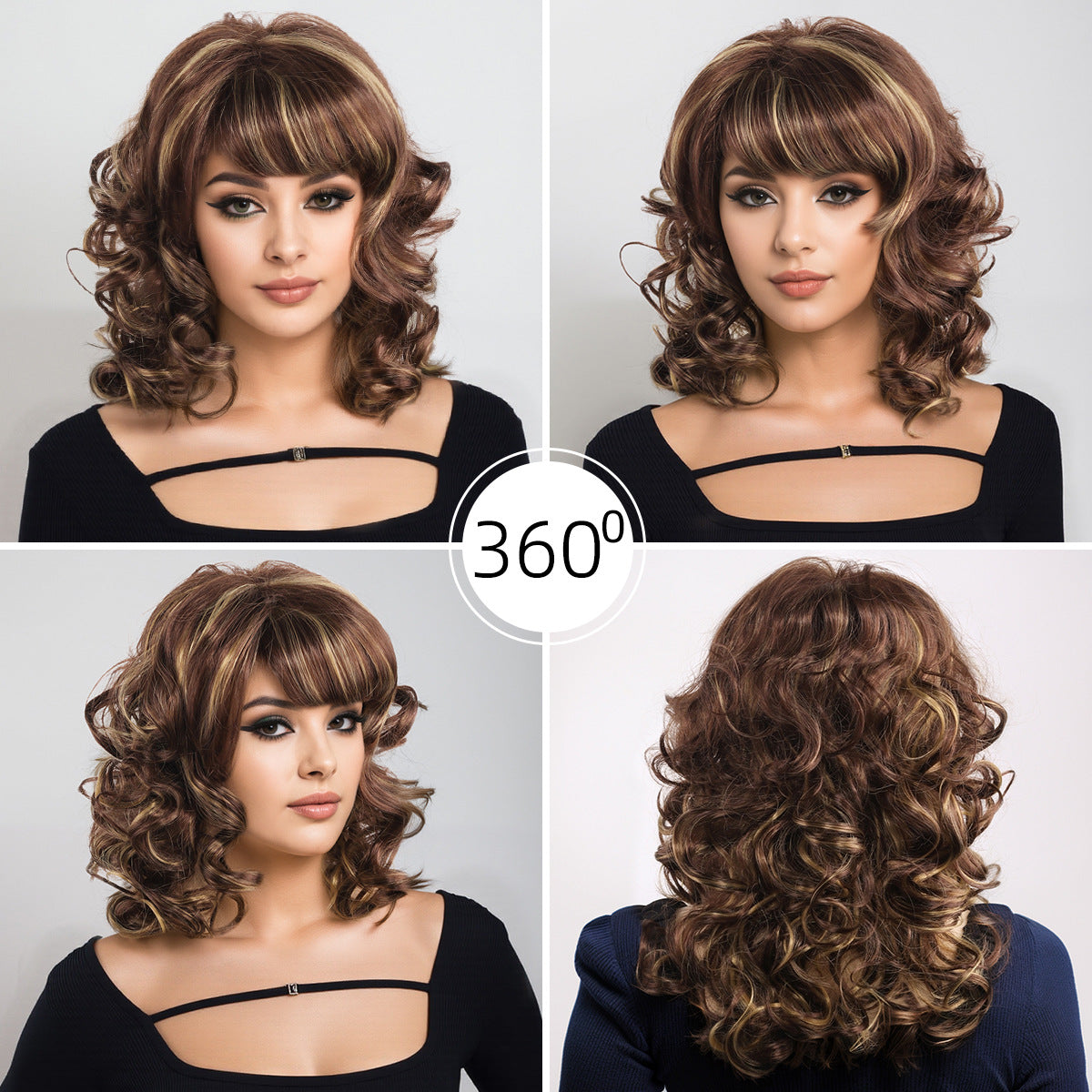 Female Straight Bangs Brown Natural Full Top Daily Wig Short Curly Hair