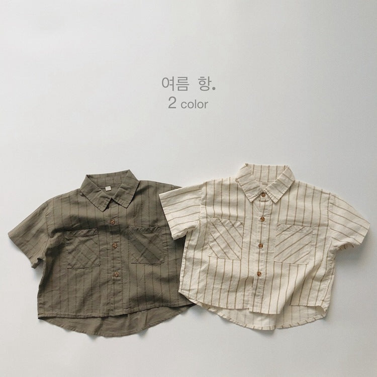 Children's Ramie Striped Short-sleeved Summer Boys Casual Children's Shirt