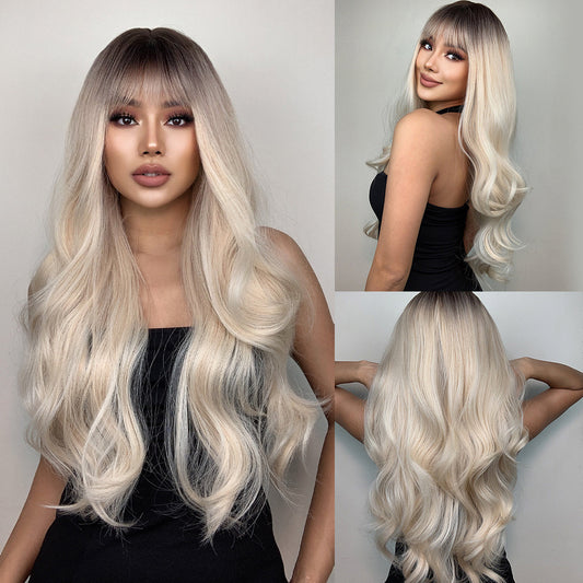 Straight Bangs Curly Hair Gradient White Gold Color Mechanism Wig Long Curls