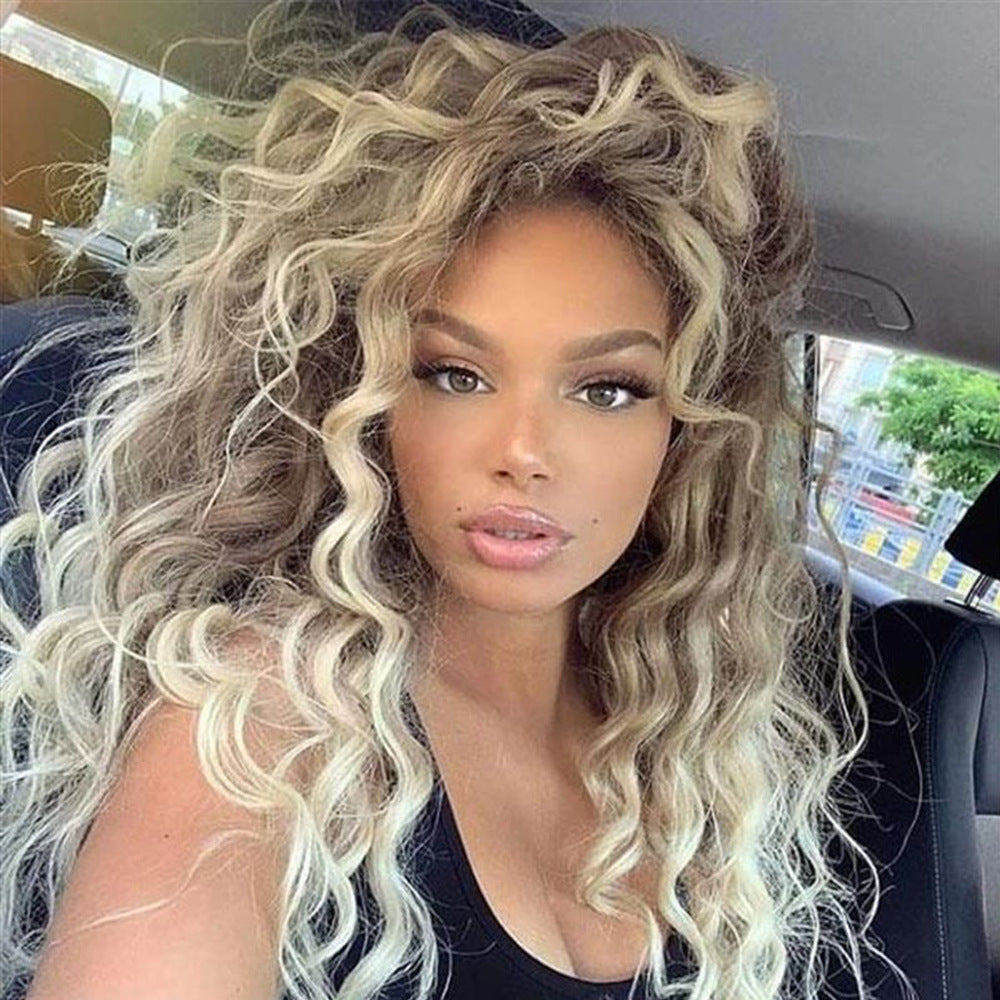 African Small Curly Hair Synthetic Wigs Gray Gold Partial Head Wig Long Curls