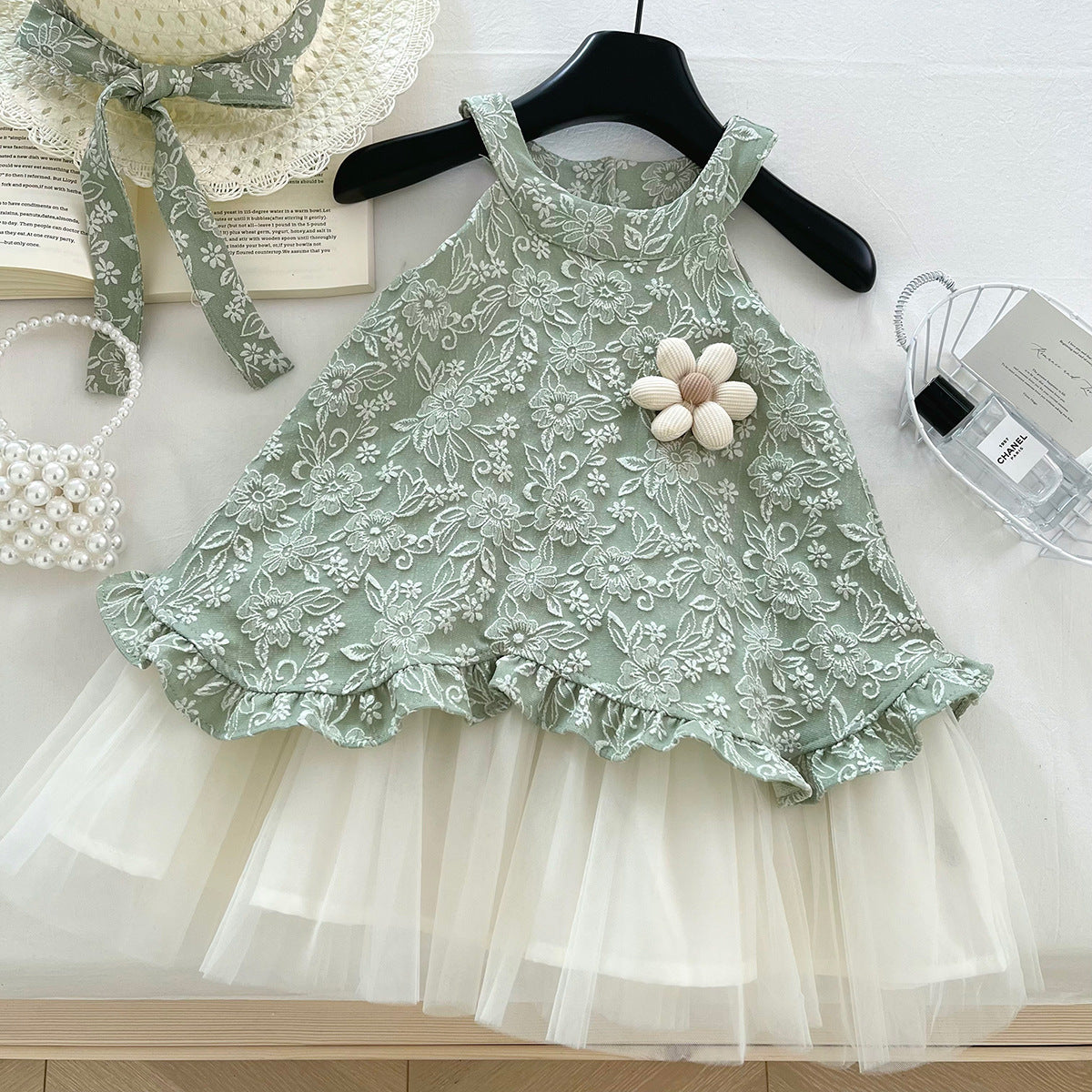 Children's Korean Style Fashionable Retro Bow Jacquard Mesh Children's Dress