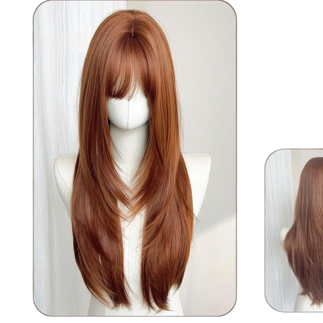 Orange Brown Natural Bangs High Level Long Straight Wig