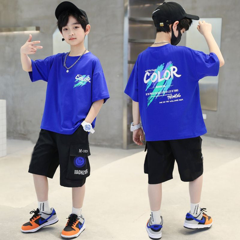 Men's & Children's Short-sleeved Summer Western Style Medium Big T-shirt Fifth Pants Children's Suit
