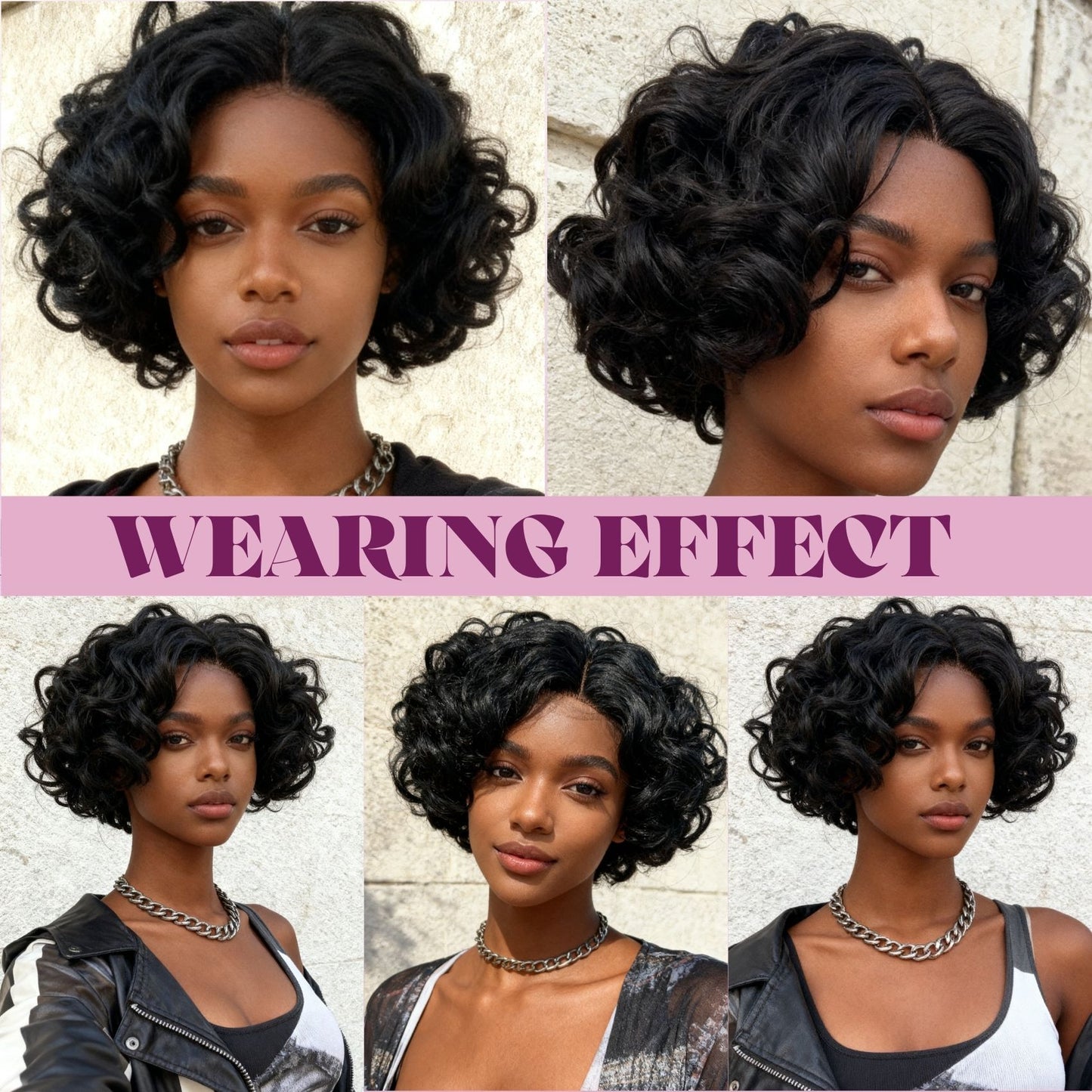 Women's Black Fiber Forehead Lace Small Volume Wig Short Curly Hair