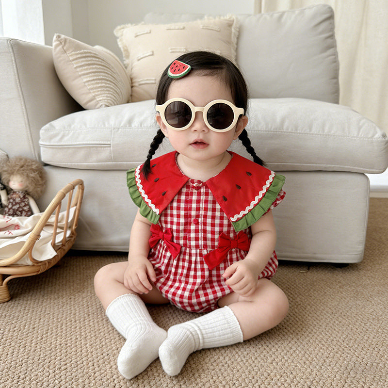 Women's Red White Checkered Triangle Rompers Infant Jumpsuit, Climbing Suit