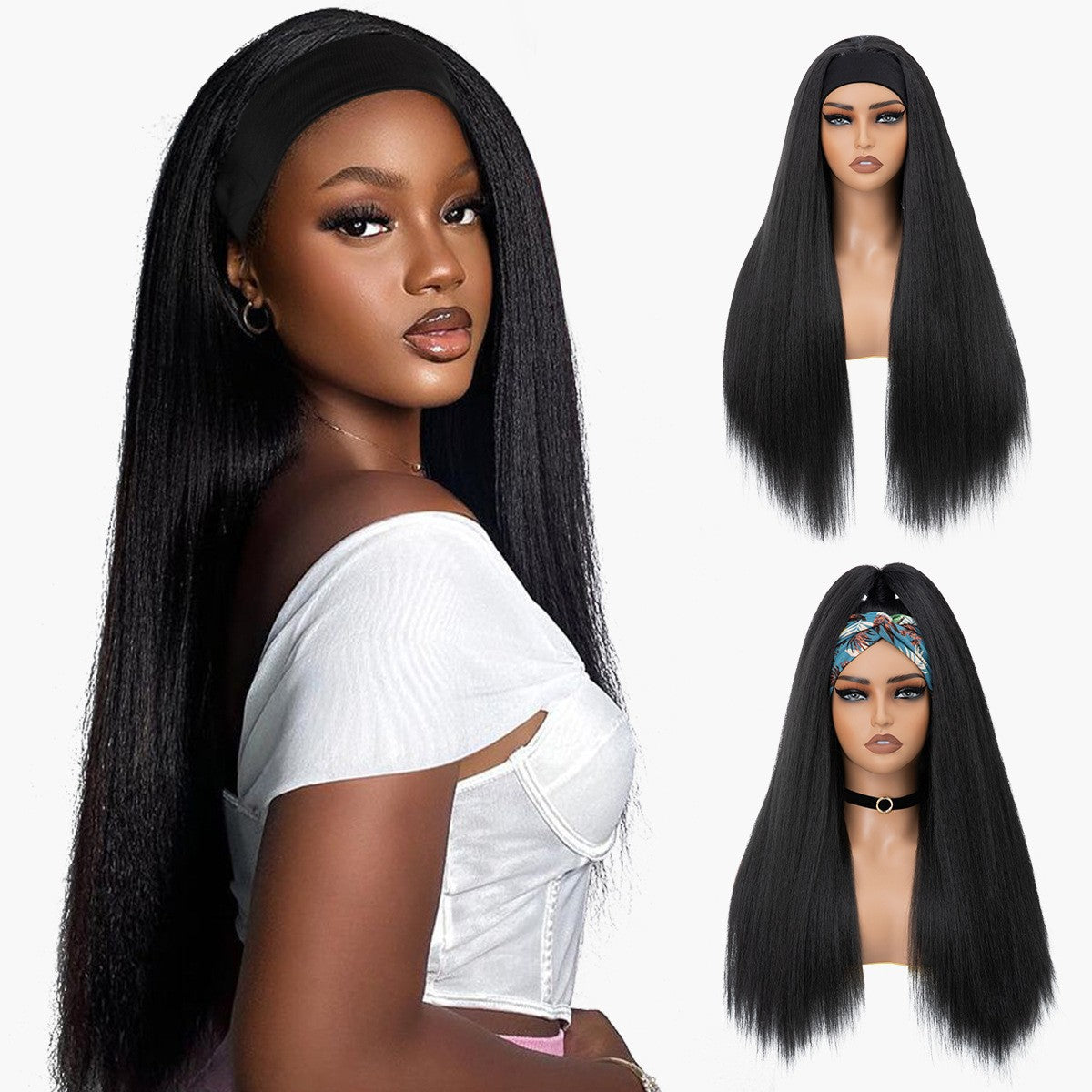 Popular Female Black Simulation Fluffy Headband Long Straight Wig