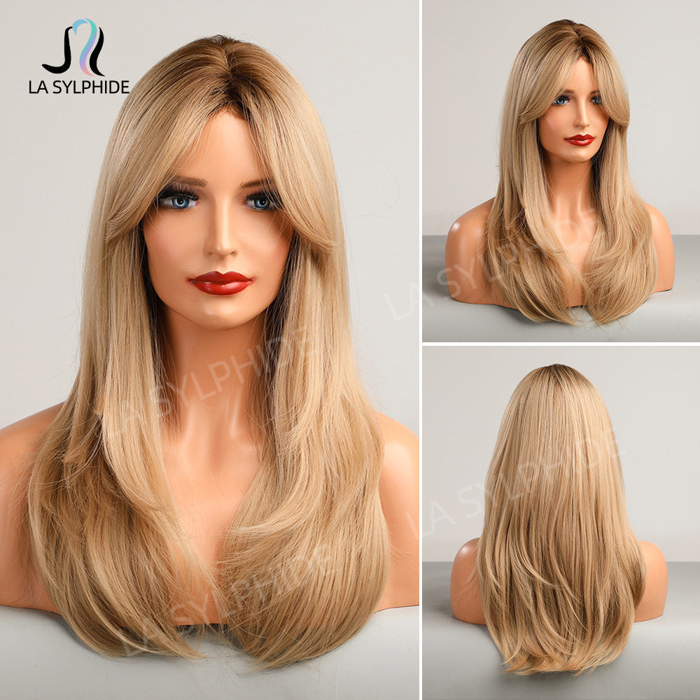 Bangs Mid-length Texture Hair Intellectual Female Mechanism Golden Synthetic Wigs Long Straight Wig