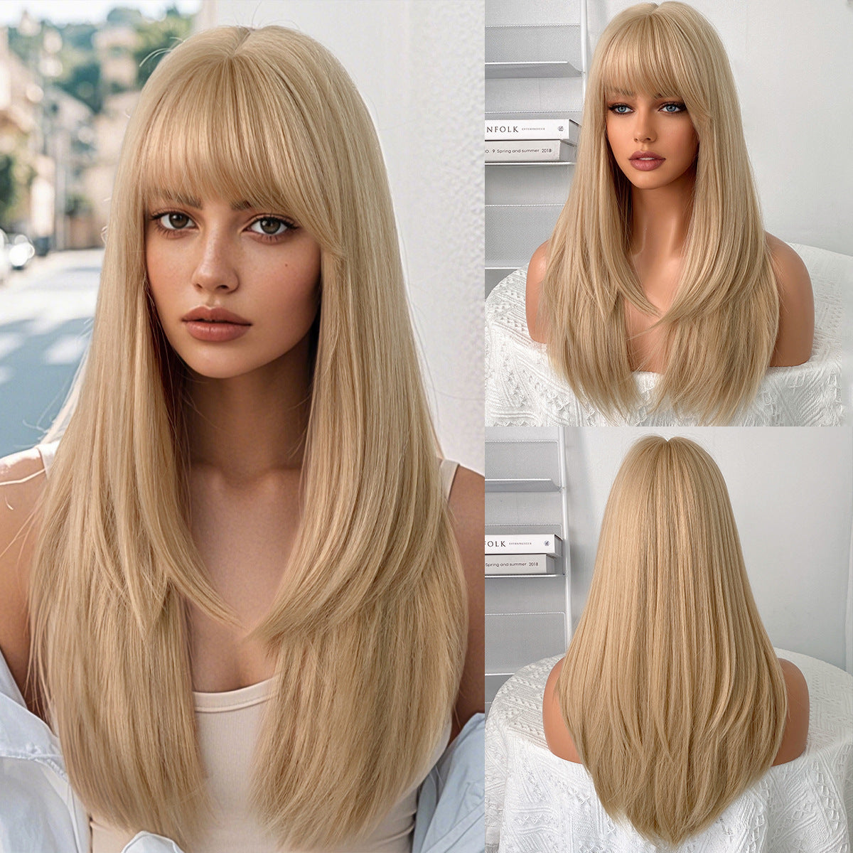Women's Beige Hair Layer Full Type Chemical Long Straight Wig