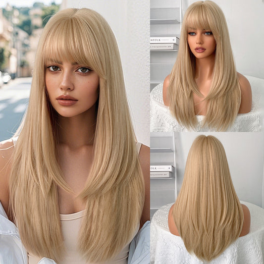 Women's Beige Hair Layer Full Type Chemical Long Straight Wig