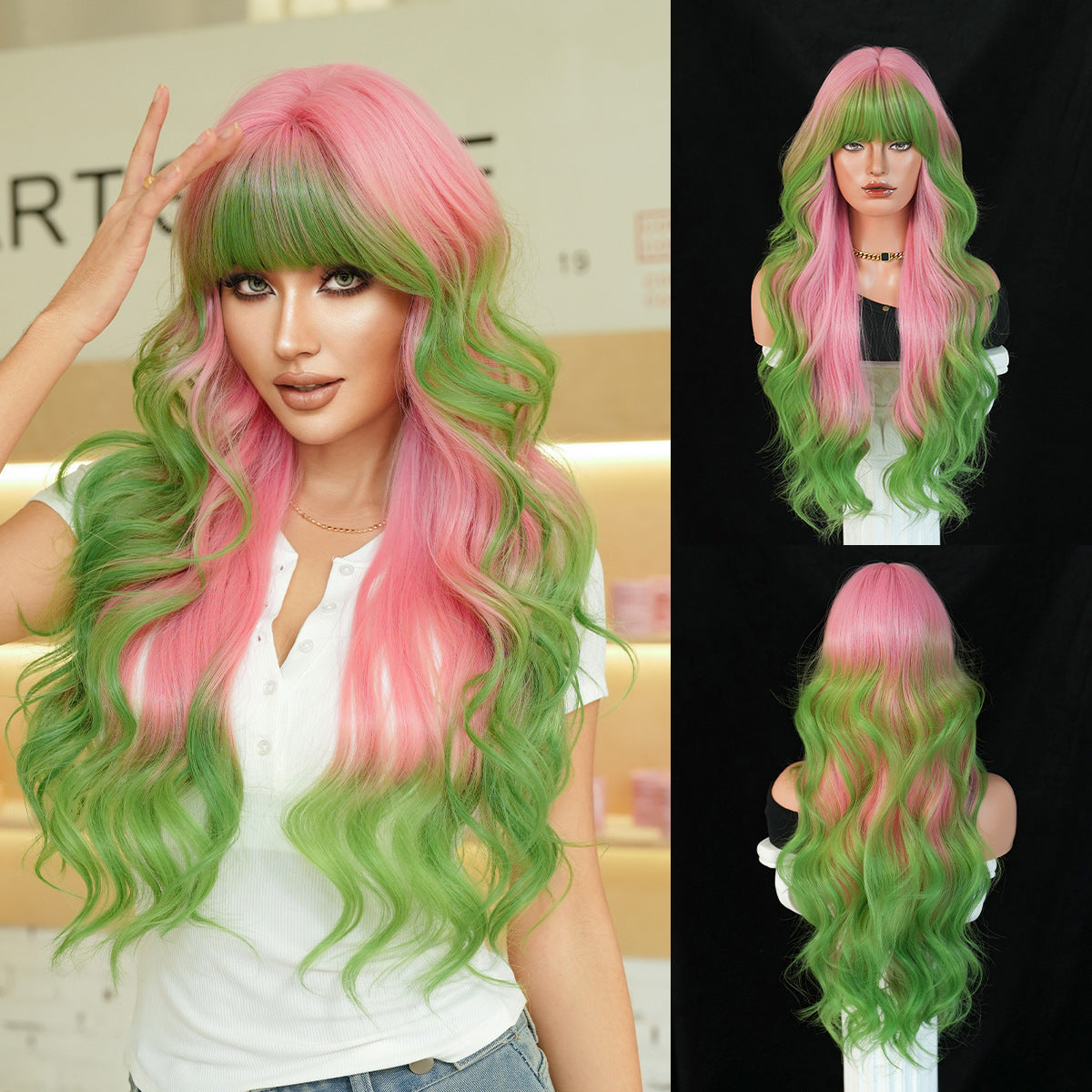 Gradient Color Wave Super Curly Hair Straight Bangs Fluffy Chemical Wig Long Curls