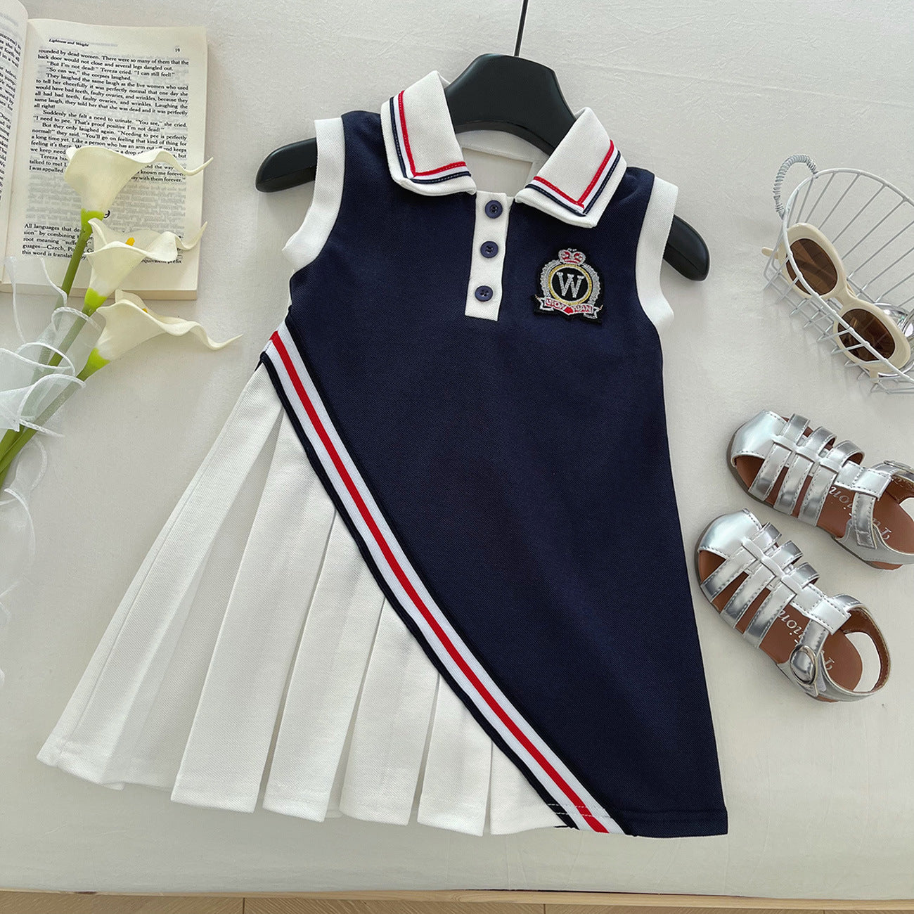 Fashionable Trendy Preppy Style Cartoon Bear Collar Stitching Children's Dress