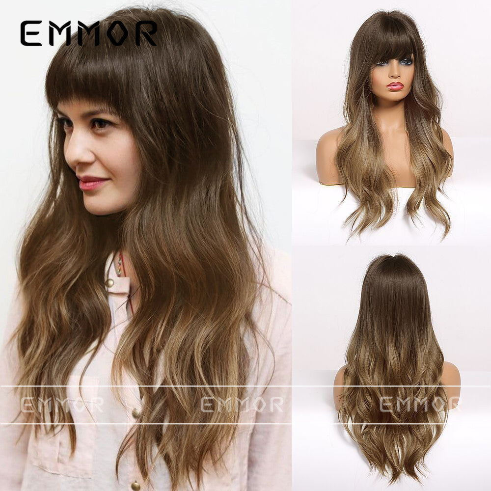 Women's Fiber Hair Fringe Gray Brown Curly Head Cover Long Straight Wig