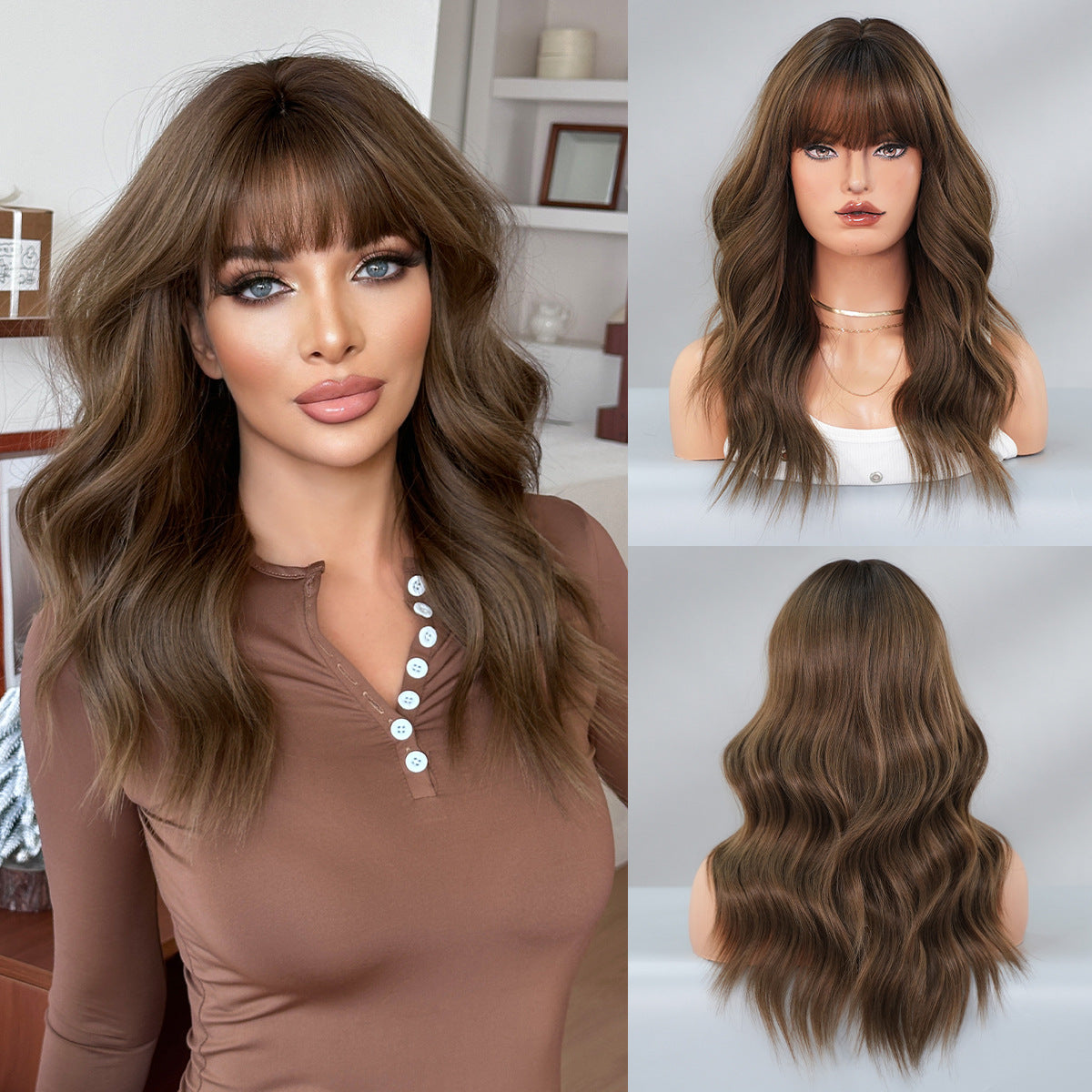 Gradient Brown Mid-length Wavy Curly Hair With Bangs On The Other Wig