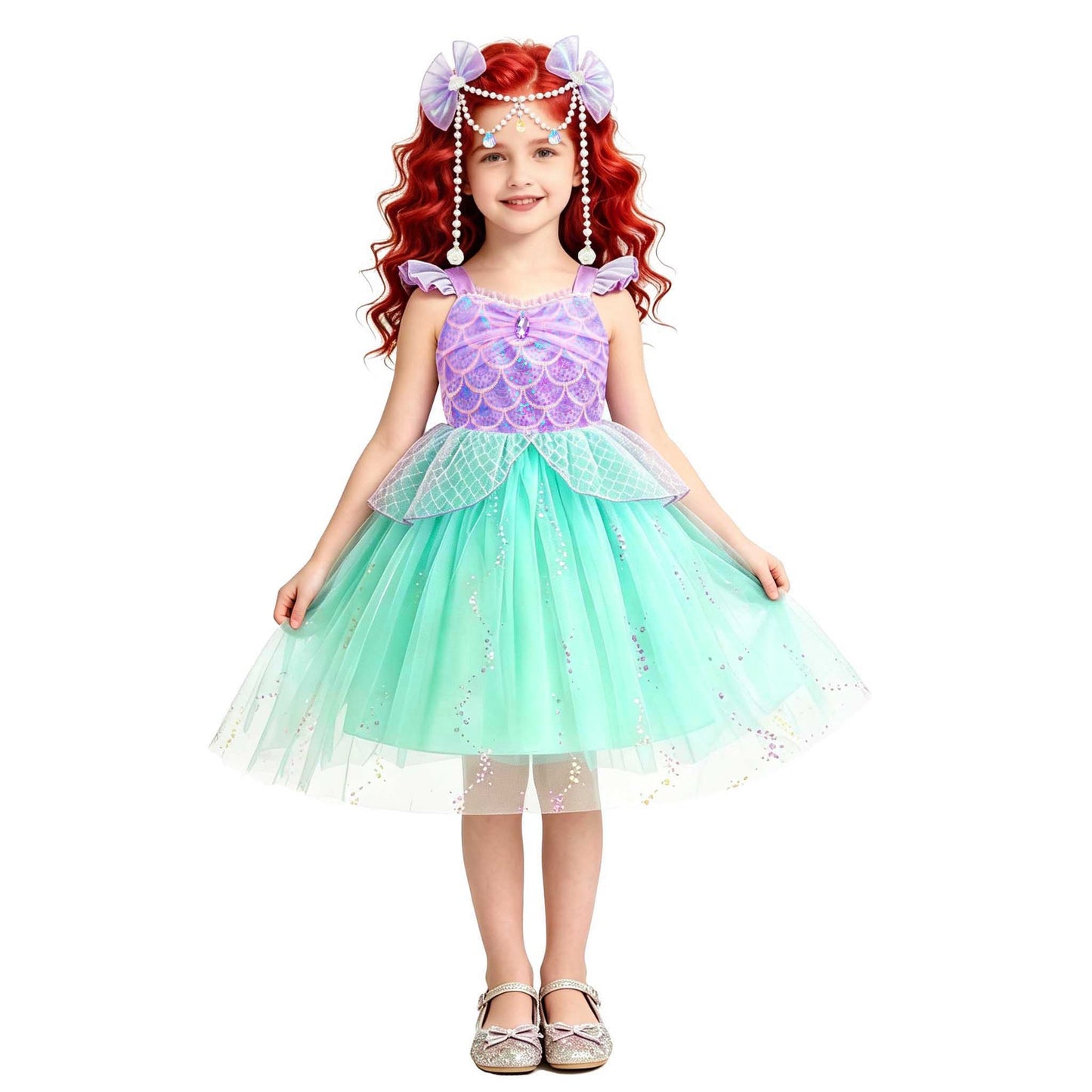 Mermaid Princess Flounced Sleeve Flashing Western Style Tulle Children's Dress
