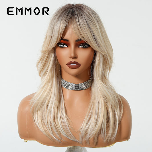 Gradient Golden Bangs Hair Fashion Full Wig Long Curls