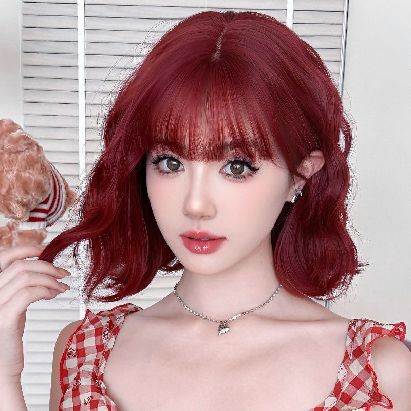 Female Straight Bangs Small Curls Raspberry Wig Short Curly Hair