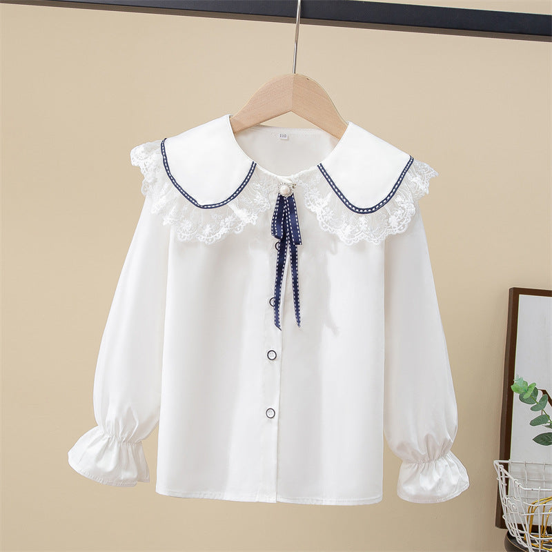 Children's Medium Large Doll Collar White Cotton Long-sleeved Spring Children's Shirt
