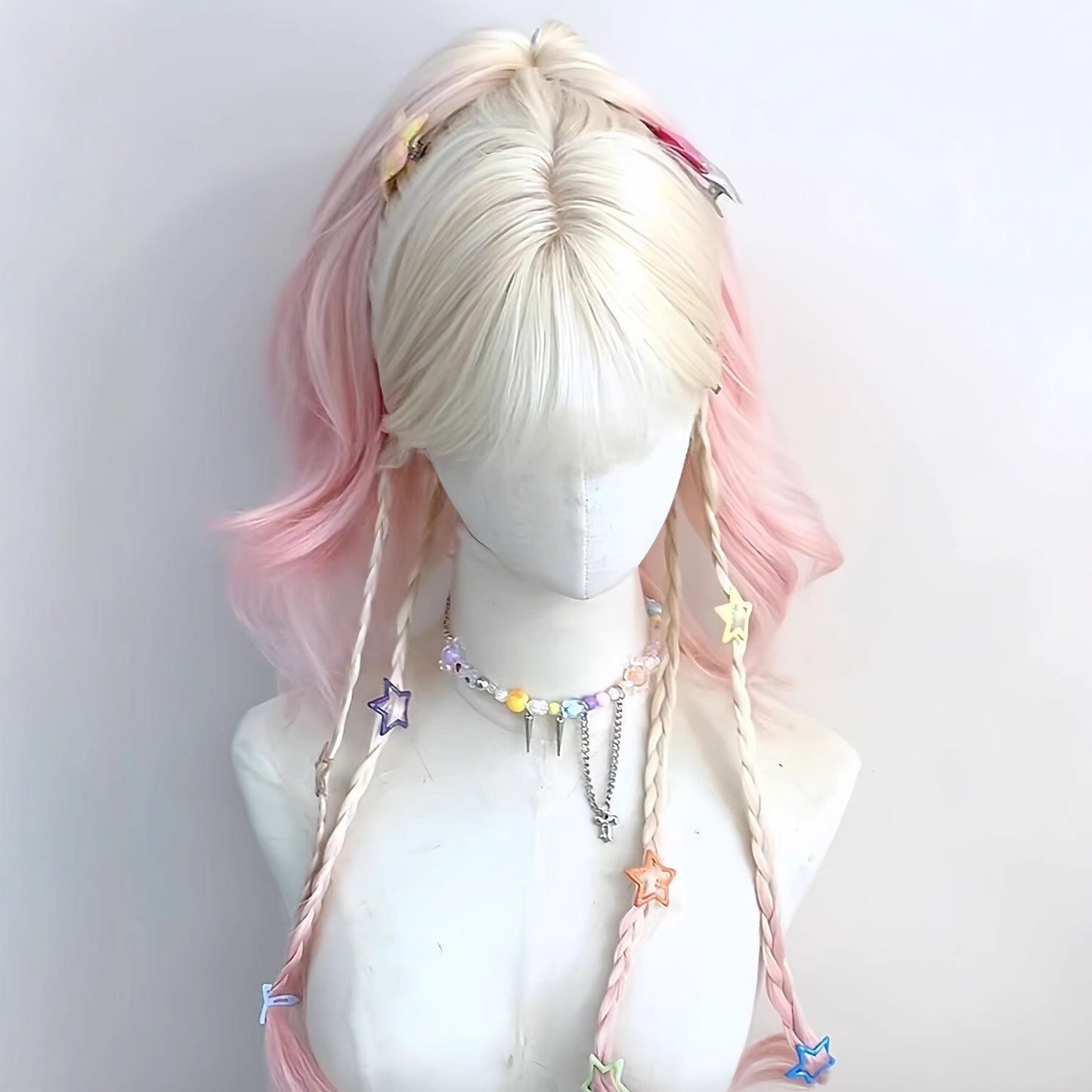 Female Platinum Color Gradient Pink Curly Hair Head Cover Straight Wig Long Curls