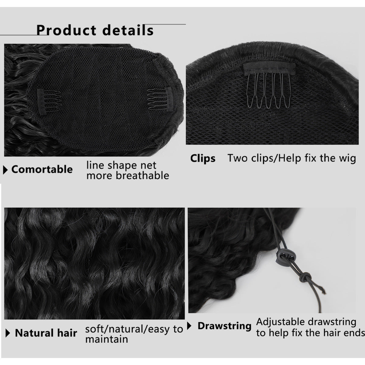 Female Horse Tail Black Curly Hair Drawstring Fluffy Wig Ponytail
