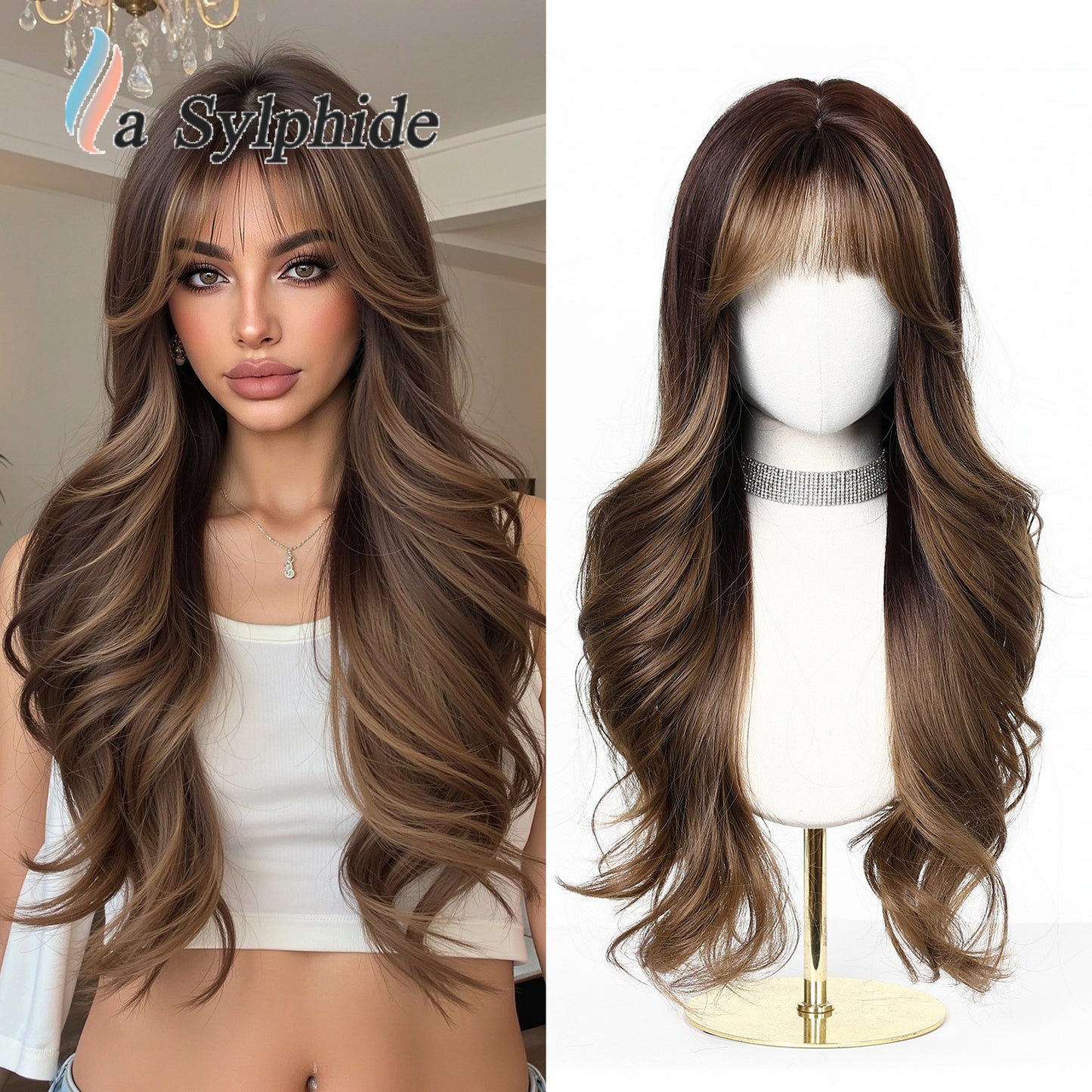 Straight Bangs Orange Wavy Curly Hair Mechanism Wig Long Curls