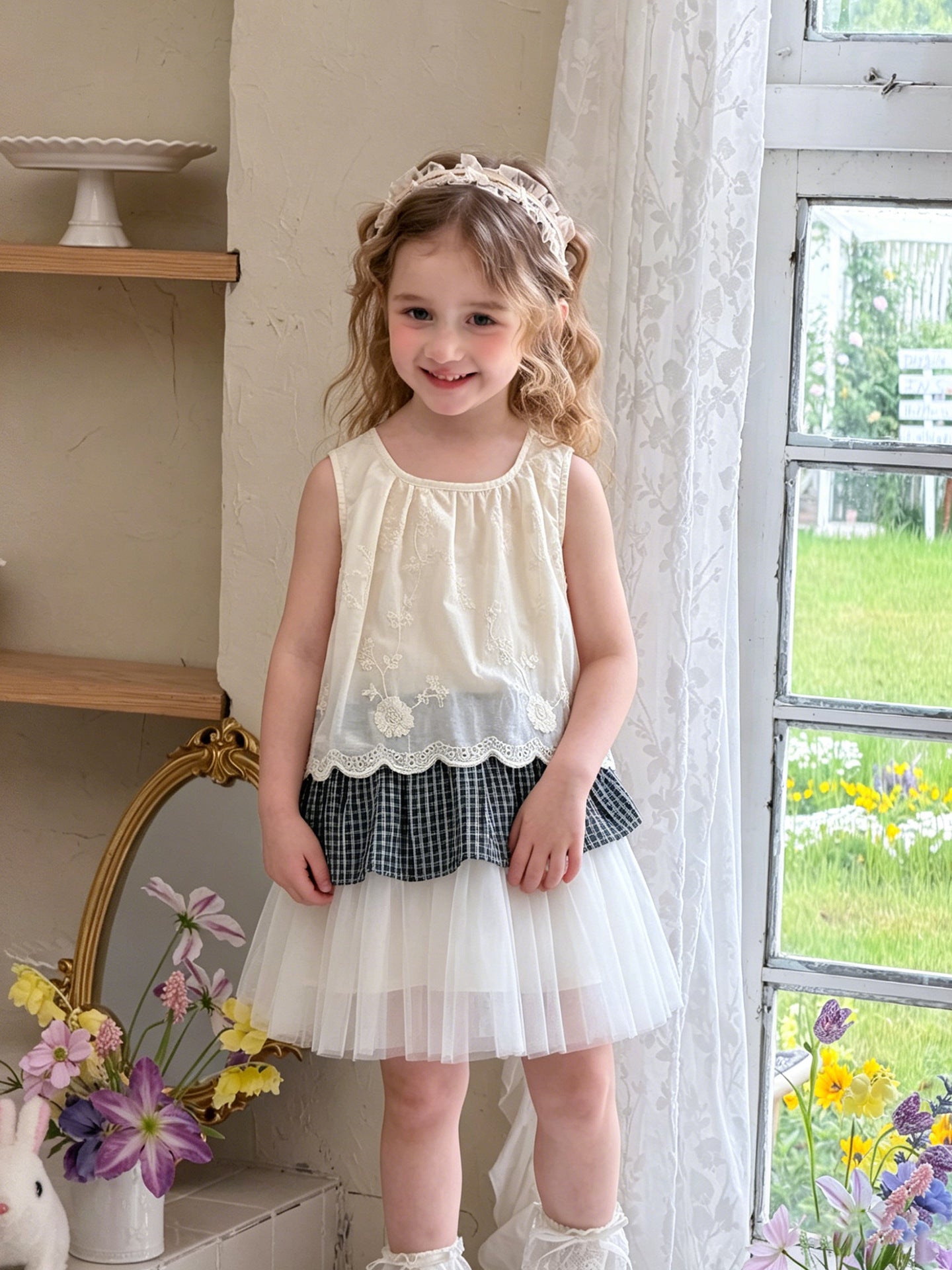 Korean Style Summer Suit Cotton Embroidered Sleeveless Top Children's Dress