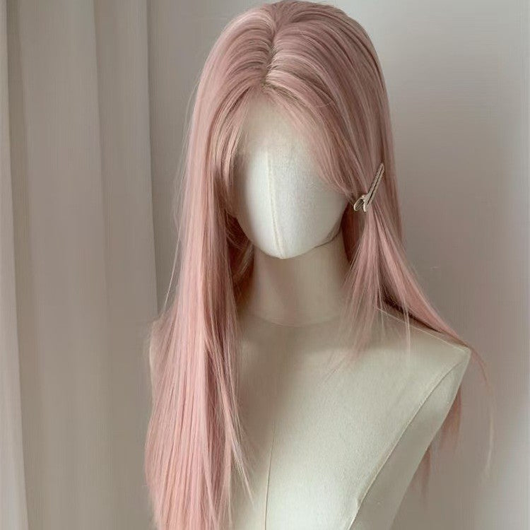 Female Pink Gold Forehead Lace Hair Long Straight Wig