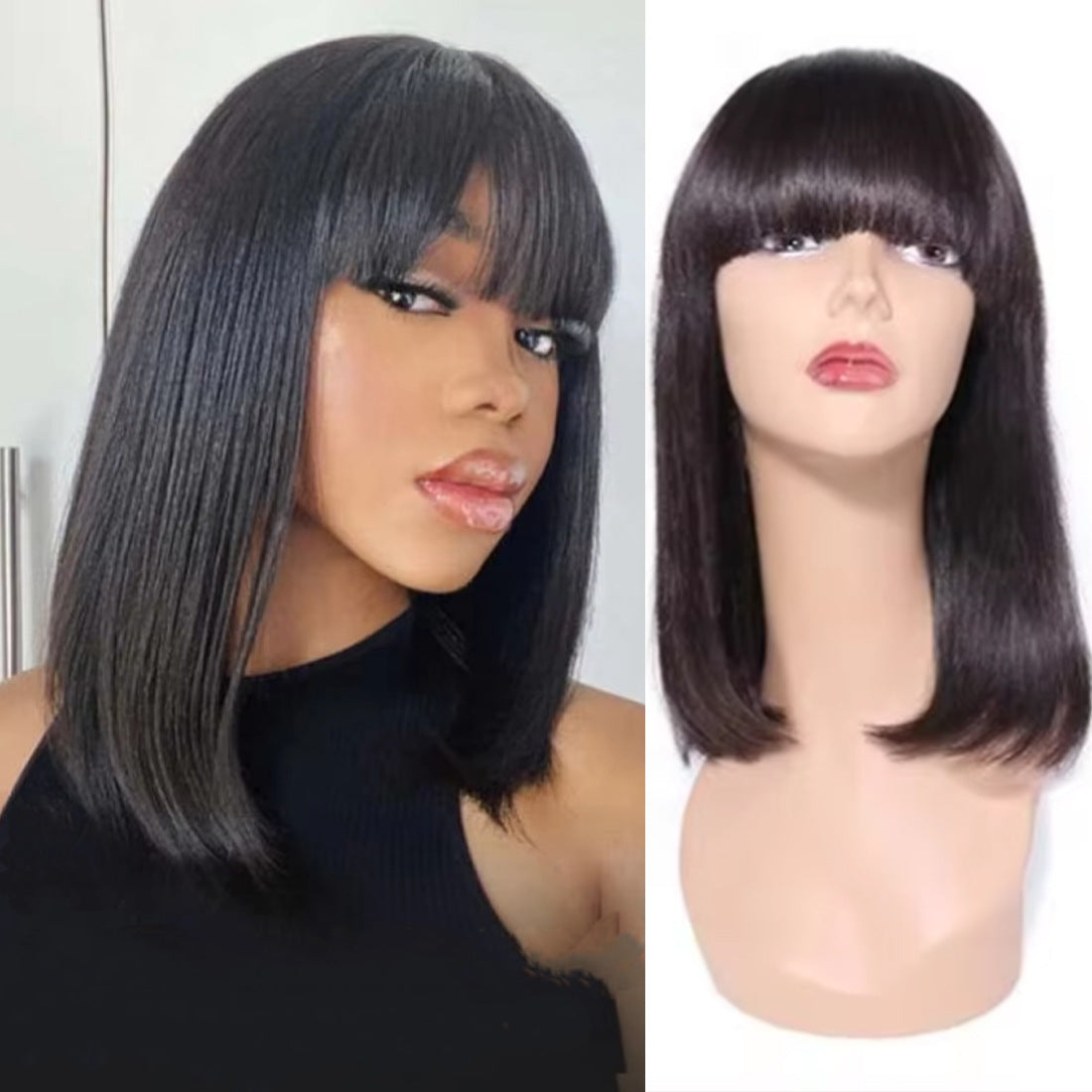 Real Human Mechanism Wave Head Cover Wig Short Straight Hair
