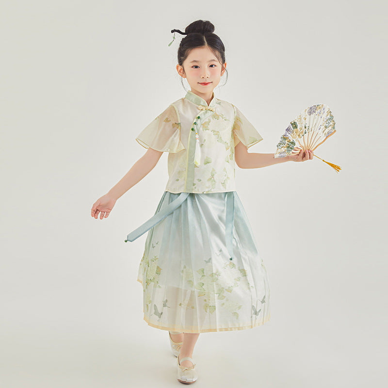 Chinese Style Traditional Short Sleeve Skirt Clothes Two-piece Woven Children's Suit